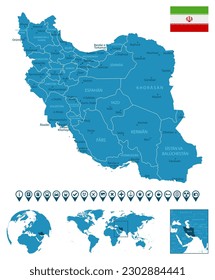 Iran - detailed blue country map with cities, regions, location on world map and globe. Infographic icons. illustration