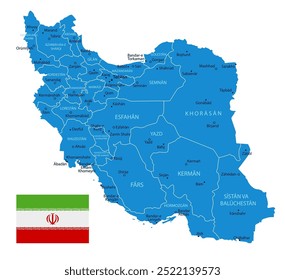 Iran - detailed blue country map with cities, regions, location on world map and globe. Infographic icons. illustration