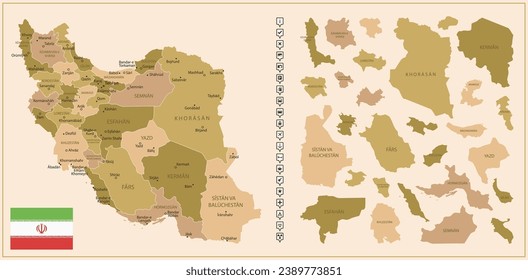 Iran - detailed map of the country in brown colors, divided into regions. Vector illustration