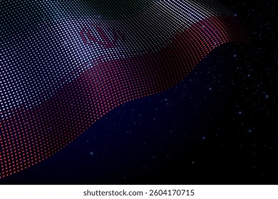 Iran digital flag made of dots, waving over a starry dark background