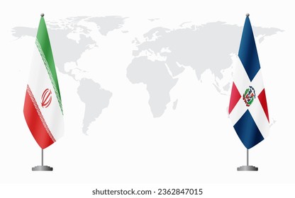 Iran and Dominican flags for official meeting against background of world map.