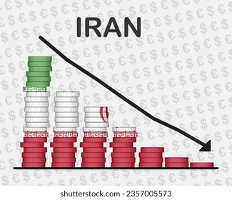 El colapso económico de Irán, la disminución de los valores con monedas, la crisis y el concepto de degradación, la bandera de Irán con cambios, la flecha en caída, la idea de banner noticioso, el fracaso y la disminución, la decadencia financiera