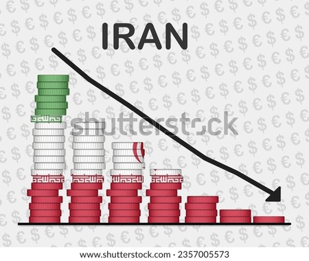 Iran economic collapse, decreasing values with coins, crisis and downgrade concept, Iran flag with changes, falling arrow, news banner idea, fail and decrease, financial decline