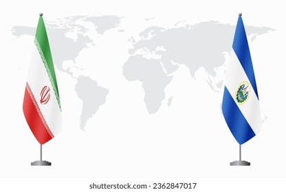 Irán y El Salvador banderas para una reunión oficial en el fondo del mapa mundial.