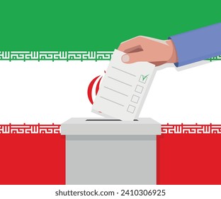 Iran election concept. Hand puts vote bulletin into vote box.