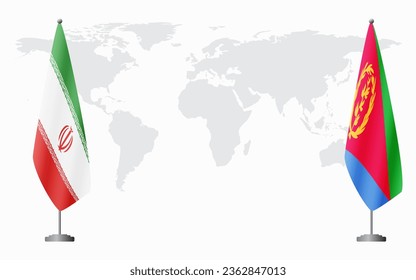 Iran and Eritrea flags for official meeting against background of world map.