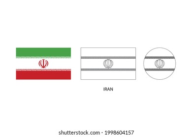 Iran flag 3 versions, Vector illustration, Thin black line of rectangle and the circle on white background.