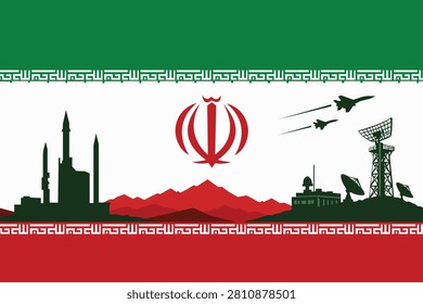 Iran flag background with city skyline mosque silhouette national emblem and fighter jets illustrating military aviation defense strategy and Middle East geopolitical concept