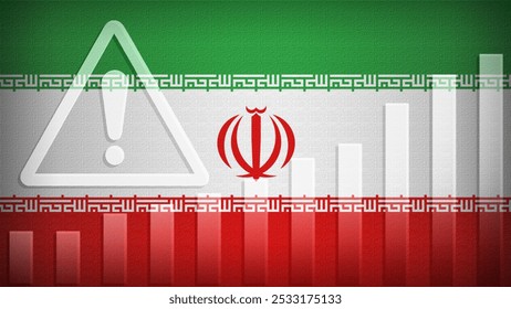 Iran flag with burlap texture, warning sign, and rising bar chart symbolizing increasing risk or growth challenges in the country. Ideal for data presentations.