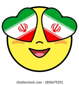 Iran flag button. Patriotic smile in hearts glasses. Emoji icon isolated on white background.