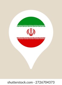 Die iranische Flagge ist in einem Symbol für die Positionsmarkierung der Landkarte zu sehen, das Reisen und Geografie in einem modernen Vektorstil darstellt.