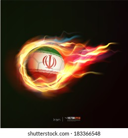 Iran flag with flying soccer ball on fire isolated black background, vector illustration