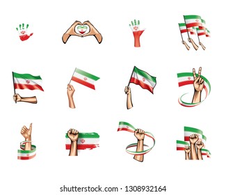 Iran flag and hand on white background. Vector illustration