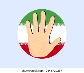 Iran-Fahne mit Handstoppschild, Protest und Menschenrechtsidee, Vektorgrafik-Design, Protest im Iran, Einschränkung oder verbotenes Emblem, Verletzung der Meinungsfreiheit, Krieg beenden