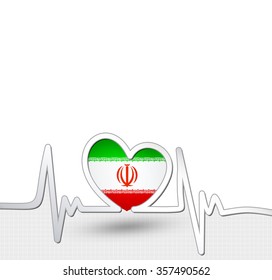Iran flag heart and heartbeat line.Patriotic vector background.