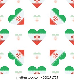 Iran flag heart seamless pattern. Patriotic Iran flag background. Country flag in the shape of heart. Vector seamless pattern.