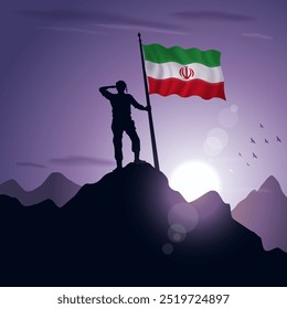 Iran Flag hoisted on a mountain peak with a purplish sunset in the background, vector illustration