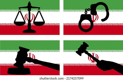 Iran flag with justice vector silhouette, judge gavel hammer and scales of justice and handcuff silhouette on country flag, Iran law concept, design asset, freedom idea
