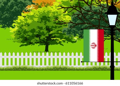 Iran Flag, Landscape of Park, Trees, Fence wooden and Street light Illustration 