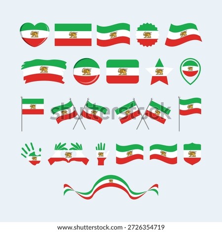 Iran flag with a lion icon set vector isolated on a gray background. Iranian Flag graphic design element. Flag of Iran symbols collection. Set of Iran flag icons in flat style