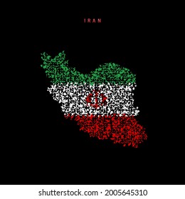 Iran flag map, chaotic particles pattern in the colors of the Iranian flag. Vector illustration isolated on black background.