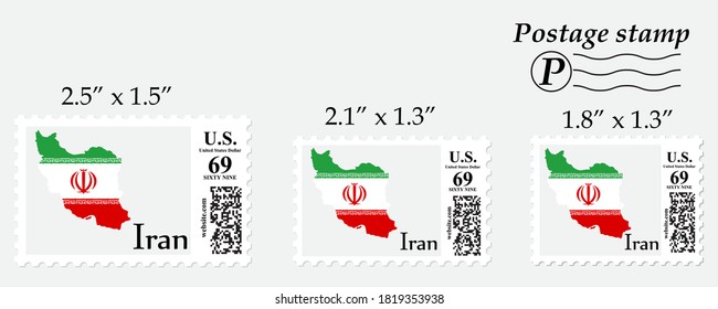 Mapa de la bandera de Irán en el sello postal de diferente tamaño.