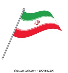 Iran flag. The national flag of Iran on a pole. The waving flag. The sign and symbol of the country. Realistic vector on white.