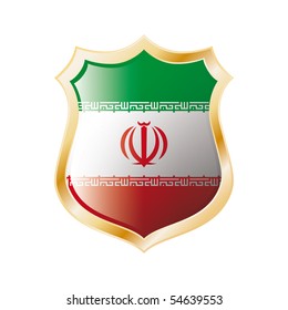 Iran flag on metal shiny shield vector illustration. Collection of flags on shield against white background. Abstract isolated object.