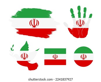 Iran flag set, flag of Iran collection. Flag in grunge, Dove, Handprint, square and round shape. vector illustration