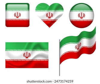 Iran flag set of icons. Vector flag of Iran, symbol. Set of Iran flags button, waved, heart.
