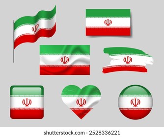 Conjunto de iconos de la bandera de Irán. Bandera de Vector de Irán, símbolo. Conjunto de banderas de Irán Botón, pincel, agitado, corazón.