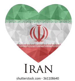 Iran flag shape heart in geometric rumpled triangular low poly origami style graphic illustration,mosaic polygonal style.Symbol of love to country.Retro or vintage style background.