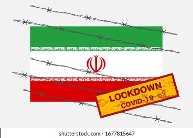 Bandera de Irán con seguridad de advertencia de bloqueo de señalización debido a la crisis del coronavirus covid-19 diseño de la enfermedad con el vector de aislamiento con cable de la barba