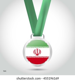 Iran Flag in Silver Medal. Vector Illustration. RIO Olympic Game silver Medal. Vector Illustration