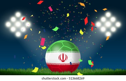 Iran flag in soccer ball with confetti in stadium to celebrate for football match in night time with spot light backdrop, This design for match template , banner in vector illustration
