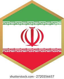 Iran Flag Symbol in Hexagon Shape with Golden Border