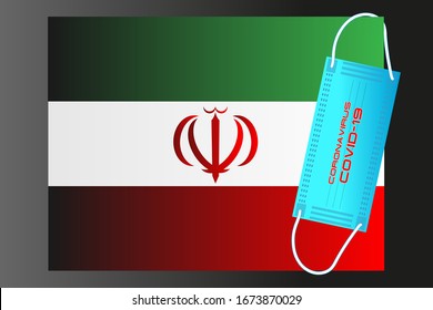 Iran flag with vector illustration of disposable mask and Covid-19 inscription