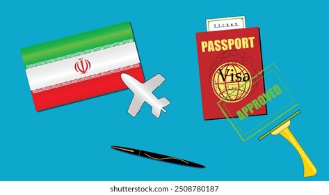 Iran flag with white plane icon. Passport with visa approved stamp. Black stylish Pen. Irani Travel poster. Editable vector EPS available