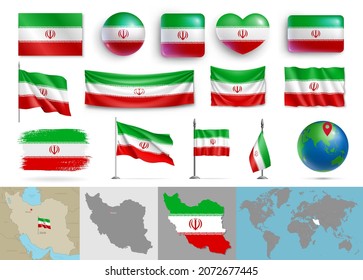 Iran flags of various shapes and geographic map set. Realistic Iranian flags, glossy buttons in patriotic colors, highly detailed map and globe with identification pin vector illustration