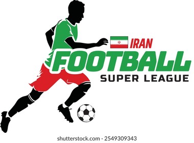 Liga de fútbol de Irán, balón de fútbol, logotipo de fútbol, futbolista patear el balón aislado sobre fondo blanco, Ilustración vectorial