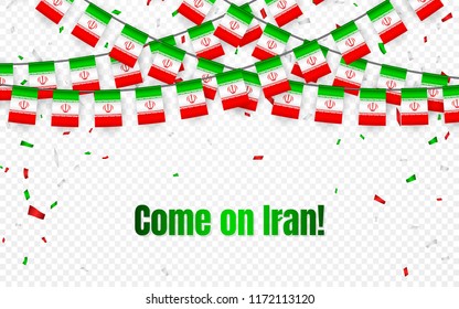 Iran garland flag with confetti on transparent background, Hang bunting for celebration template banner, Vector illustration.