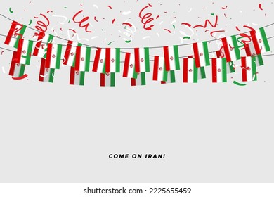 Iran garland flag with confetti on white background, Hang bunting for Iran celebration template banner.