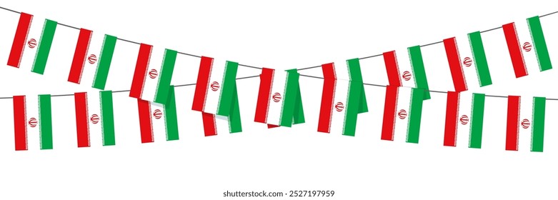 Banderas de la guirnalda de Irán sobre fondo blanco. Bunting para el Anuncio de Plantilla de celebración iraní.