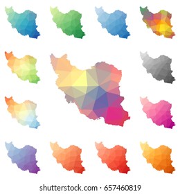 Iran geometric polygonal, mosaic style maps collection. Bright abstract tessellation, low poly style, modern design. Iran polygonal maps for your infographics or presentation.