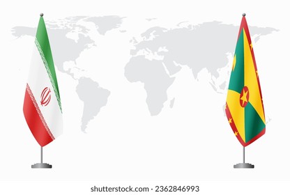 Iran and Grenada flags for official meeting against background of world map.