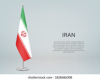 Iran hanging flag on stand. Template for politic conference banner