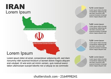Iran infographic general use vector template with pie chart, copy space statistics idea, Iran country flag map with graphic, presentation idea, blank area graph for data, grey background