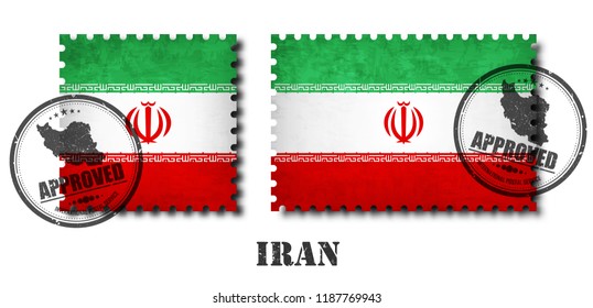 Iran or iranian flag pattern postage stamp with grunge old scratch texture and affix a seal on isolated background . Black color country name with abrasion . Square and rectangle shape . Vector .