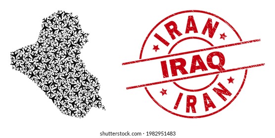 Iran Iraq distress seal stamp, and Iraq map collage of air force items. Collage Iraq map created using aeroplanes. Red seal with Iran Iraq word, and scratched rubber texture.