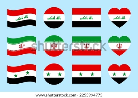 Iran, Iraq, Syria flags vector illustration. Iranian, Iraqi, Syrian official symbols. Simple geometrics isolated icons in a flat style. Middle East region states national flags shapes. Stock foto © 